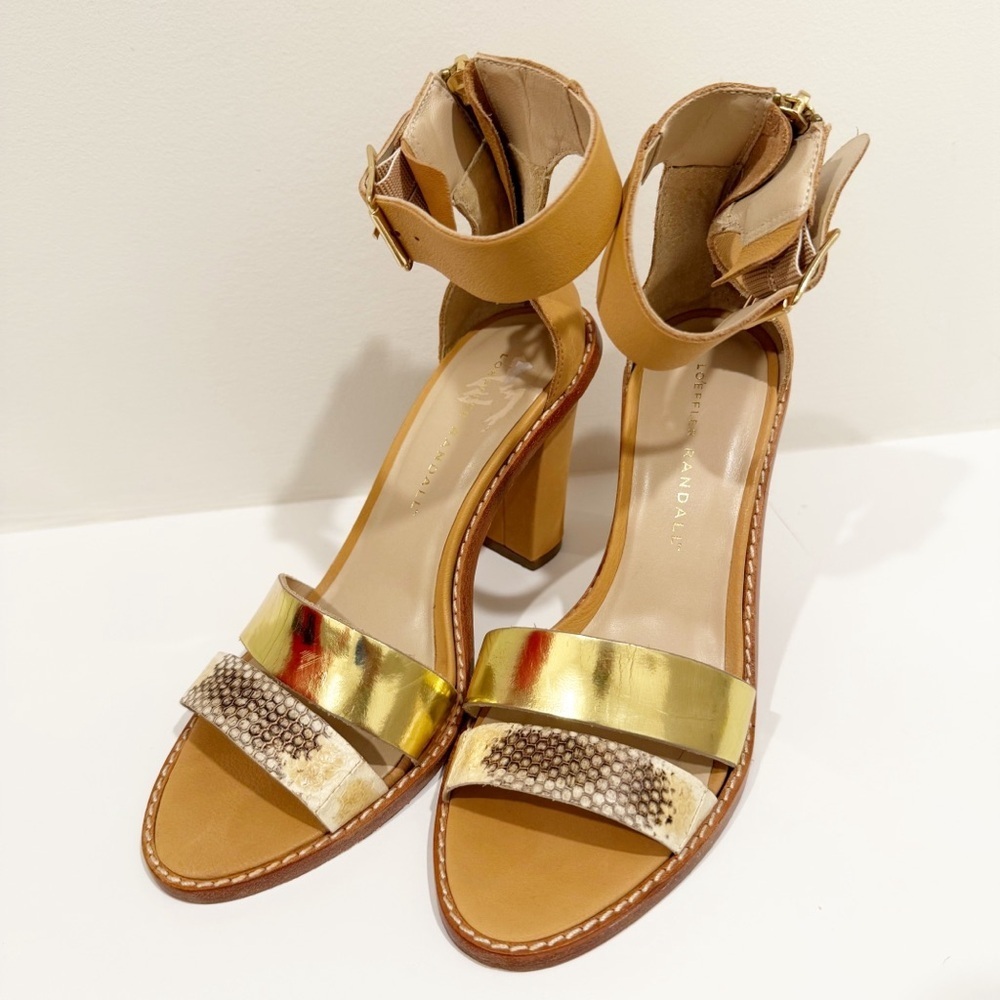 Loeffler Randall Gold + Snakeskin Block-Heel Sandals Women's Size 8